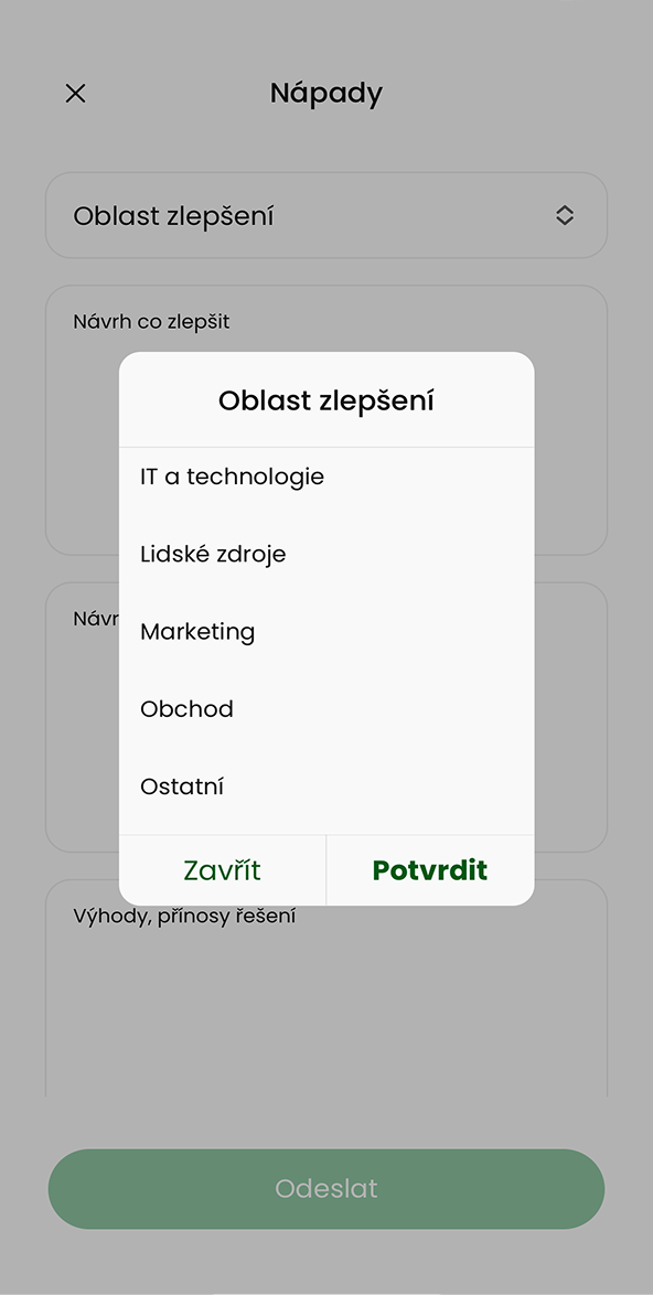 Ukázka modulu Nápady a zlepšovací návrhy v aplikaci