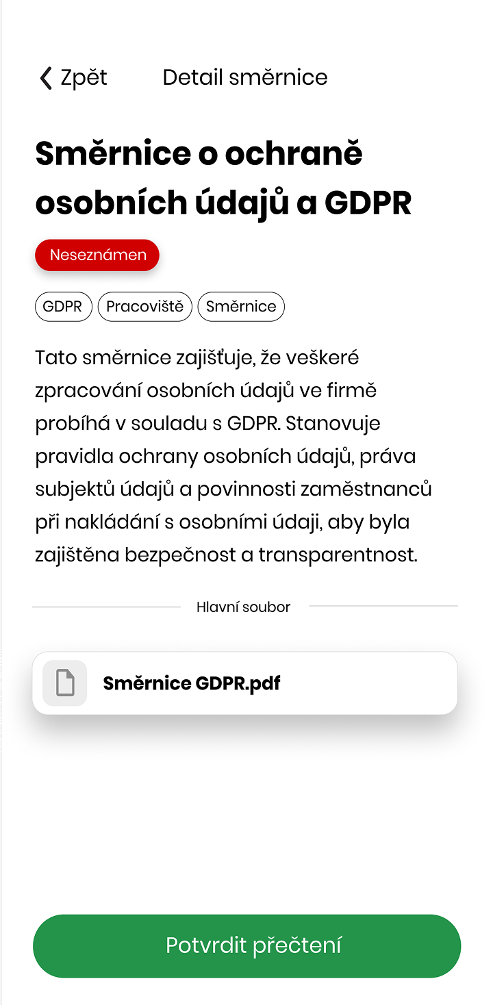 Ukázka modulu Směrnice v mobilní aplikaci