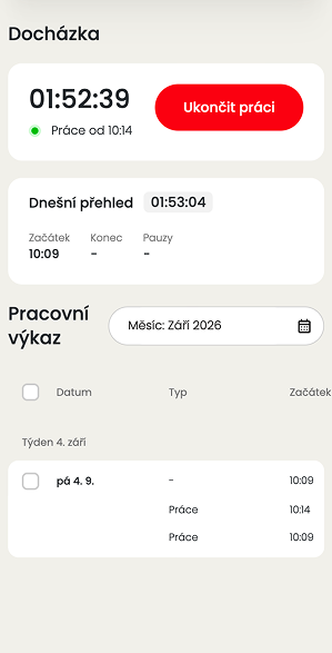 Ukázka modulu Docházka v aplikaci