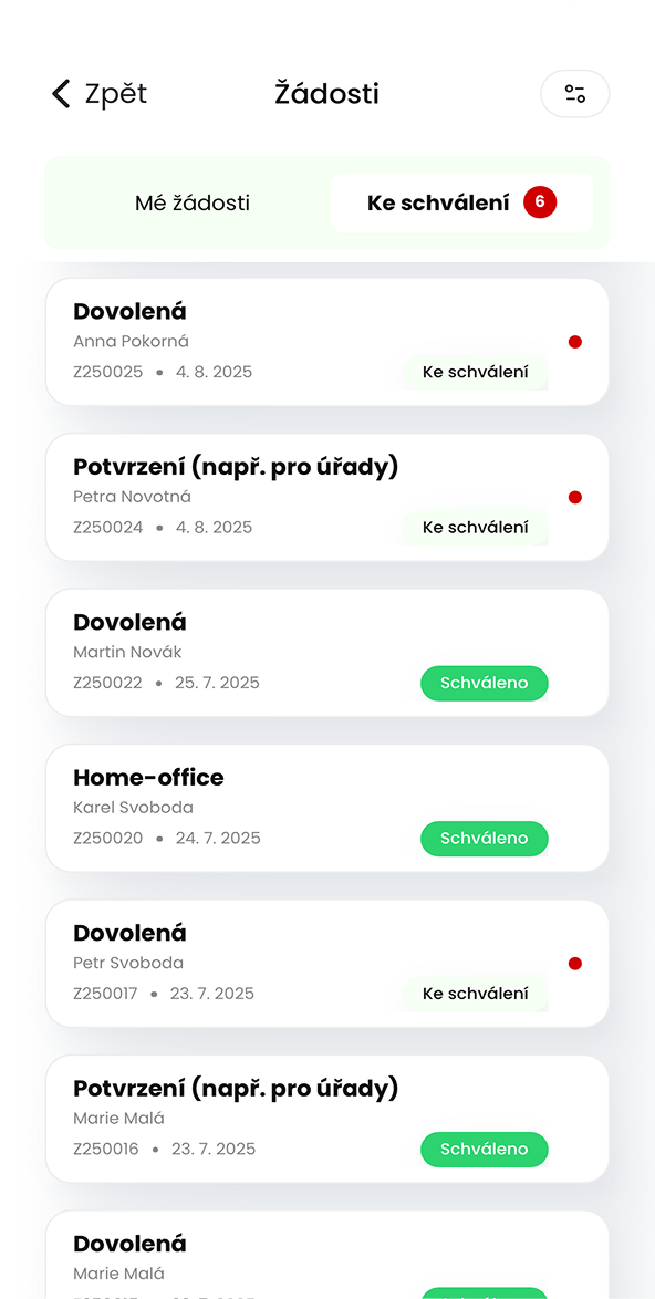 Ukázka modulu Žádosti v aplikaci